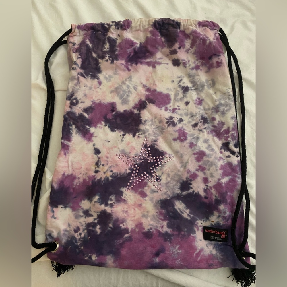 Purple tie dye string bag